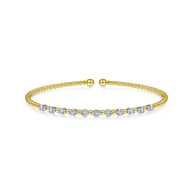 Elegant silver bracelets for daily wear -14K White & Yellow Gold Diamond Beaded Open Cuff Bangle