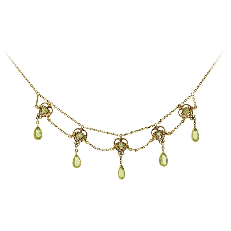 Fashionable statement necklaces for events -Victorian Yellow Gold Peridot Drop Station Necklace