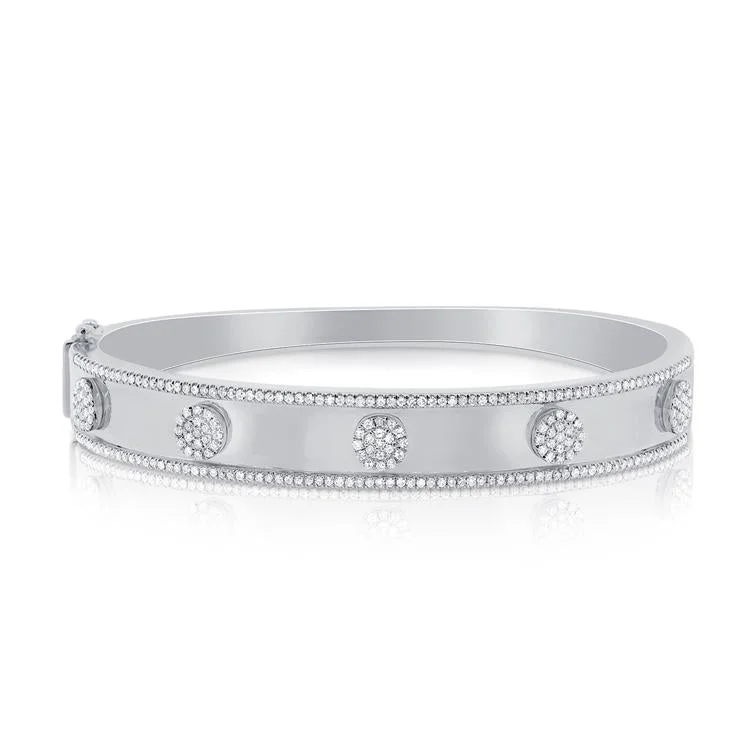 Custom engraved bracelets for special occasions -14K White Gold Pave Diamond 5 Station Disc Thick Bangle