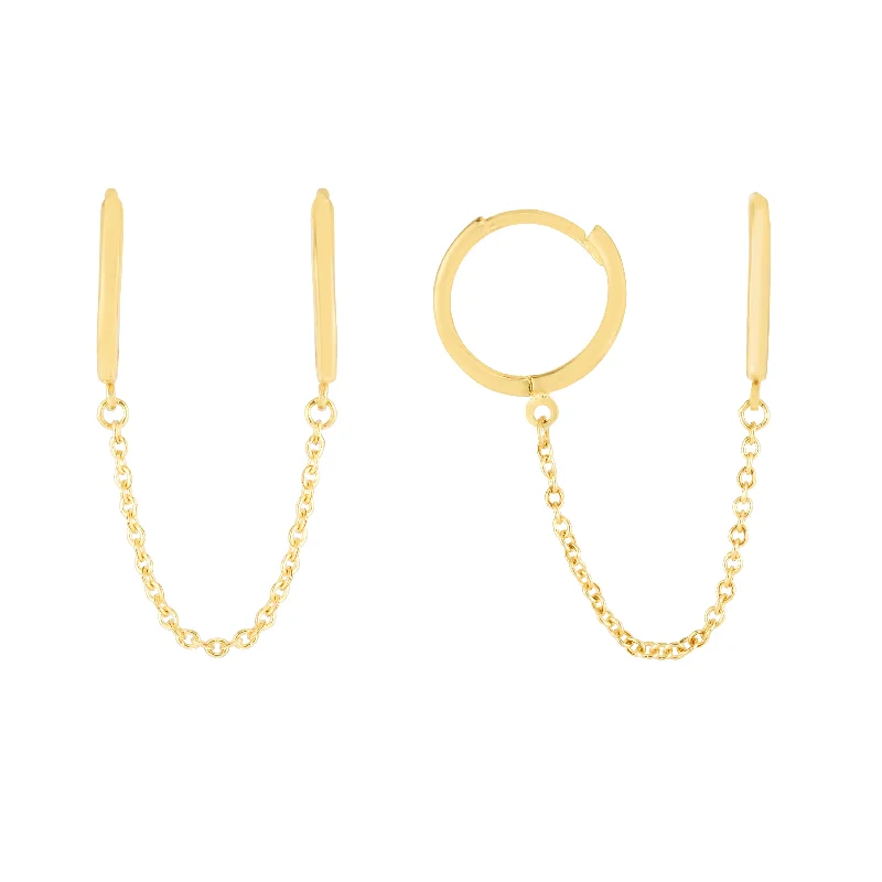 Drop earrings with pearls-14K Double Pierced Chain Huggies