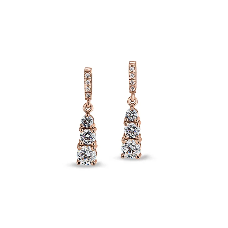 Unique silver earrings-Rose Gold Finish Sterling Silver Micropave 3 Stone Drop Earrings with Simulated Diamonds