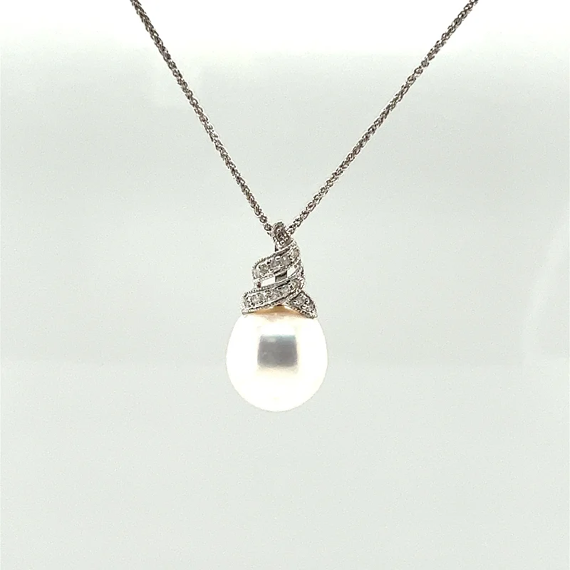 Elegant crystal necklaces for cocktail parties -White South Sea Pearl and Diamond Ribbon Necklace