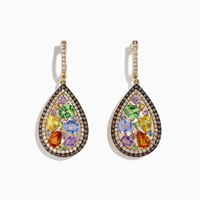 Fashionable gold earrings-Watercolors 14K Yellow Gold Multi Sapphire & Diamond Earrings, 5.13 TCW