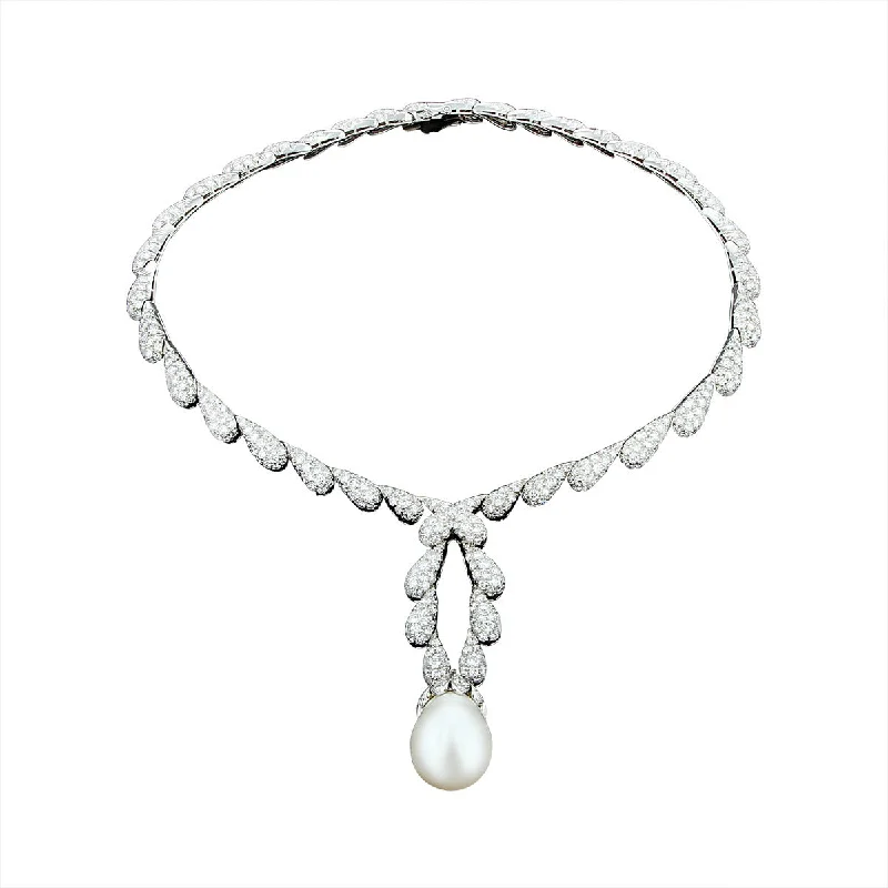 Unique gemstone necklaces for collectors -Platinum South Sea Pearl and Pave Drop Choker Necklace