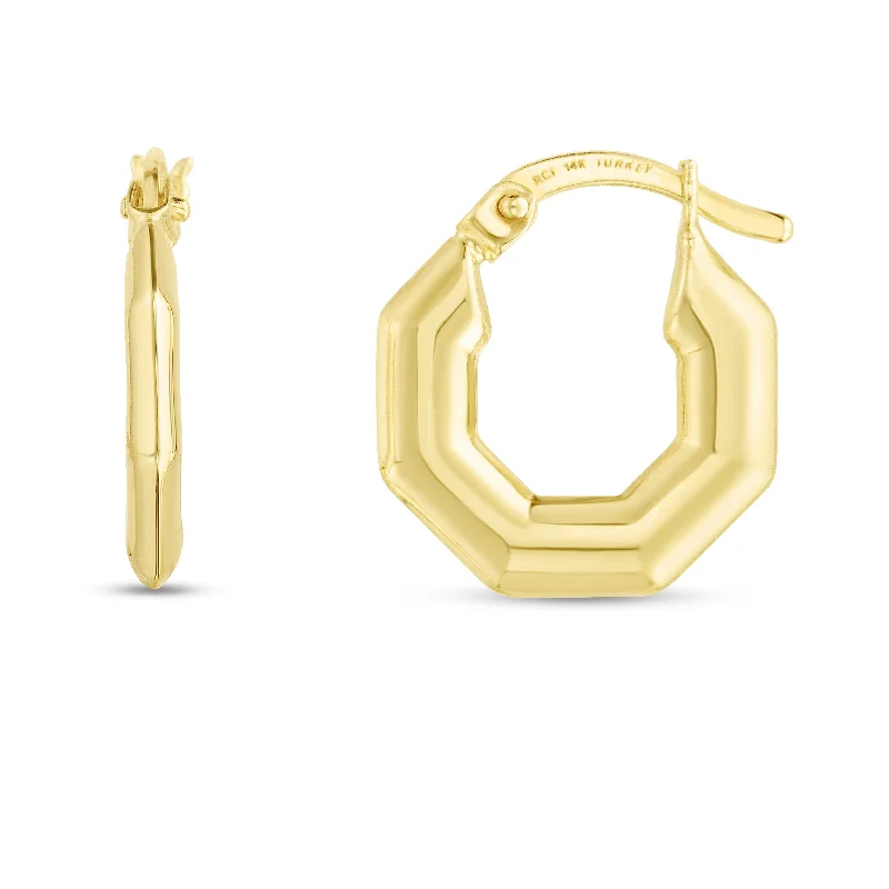 Trendy earrings for women-14K Puffed Hexagon Hoops