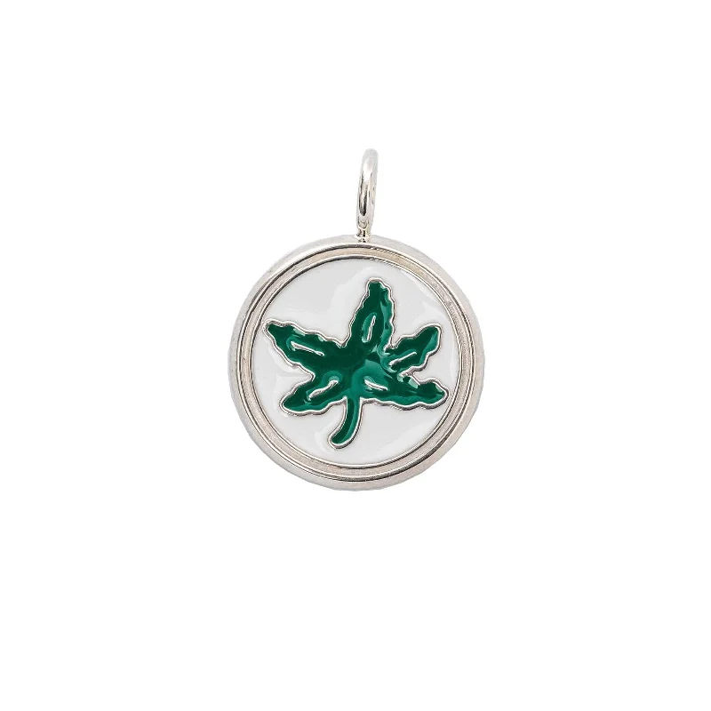 Long pendants with silver chains -OSU Buckeye Leaf Charm with Green and White Enamel