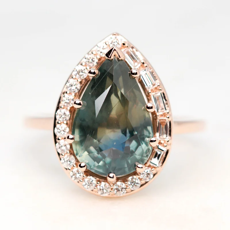 Luxury platinum rings with diamonds -Collins Ring with a 6.21 Carat Teal Pear Sapphire and White Accent Diamonds in 14k Rose Gold - Ready to Size and Ship