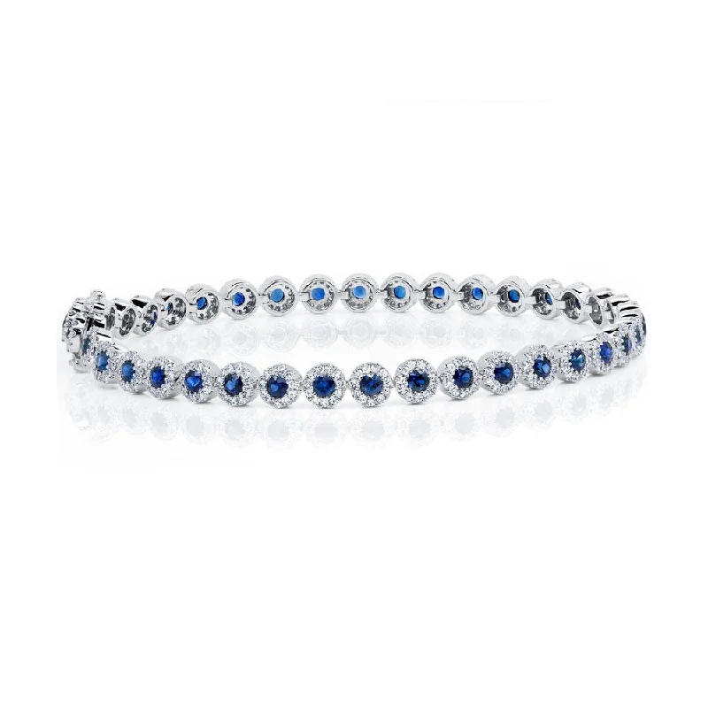 Bracelets with gemstones for healing properties -14K White Gold Diamond Halo + Blue Sapphire Bracelet