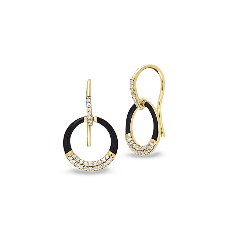 Black gold earrings-Gold Vermeil Sterling Silver Micropave Black Enamel Open Circle Drop Earrings with Simulated Diamonds