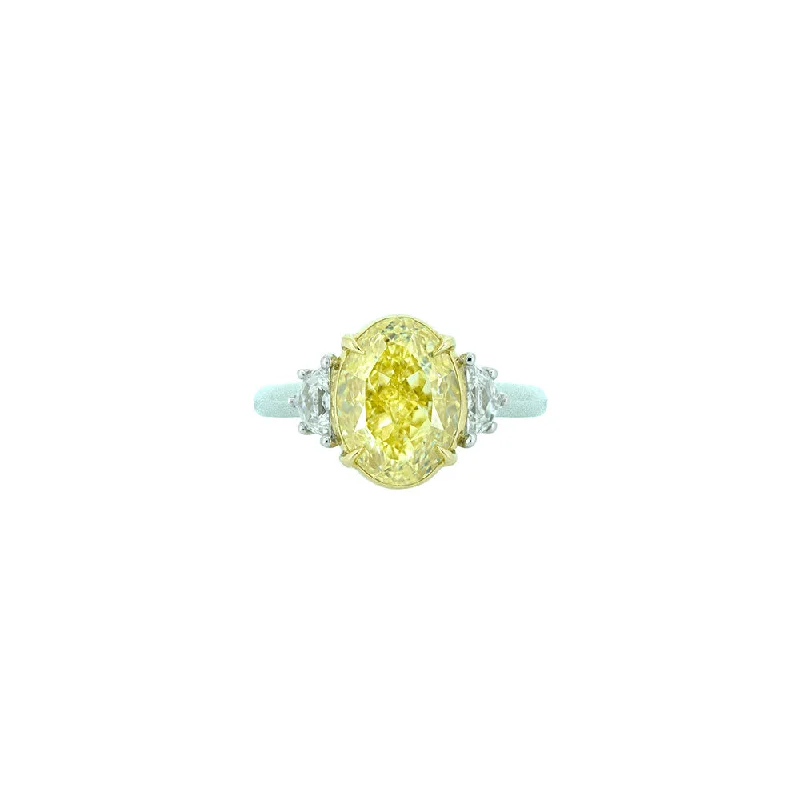 Custom birthstone rings for family gifts -18 Karat White and Yellow Gold Three Stone Ring with Oval Cut Fancy Yellow Diamond and white Half moon diamonds