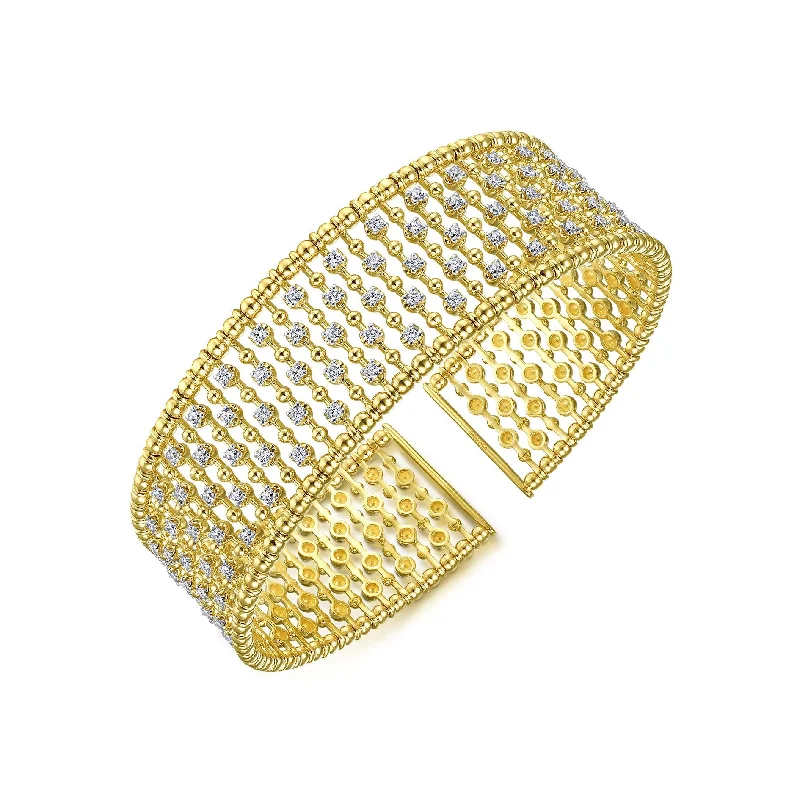 Beautiful gemstone bracelets for gift giving -14K Yellow Gold Diamond Beaded Wide Open Bangle