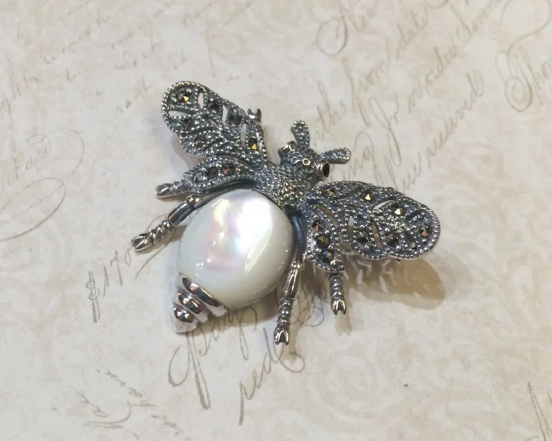 Wedding brooches with lace and pearls -Bee Mother of Pearl Brooch Silver Marcasite