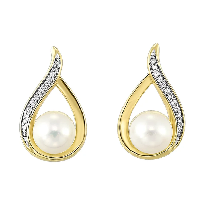 Women’s gemstone stud earrings-Pearl and DIamond Earrings in Yellow Gold