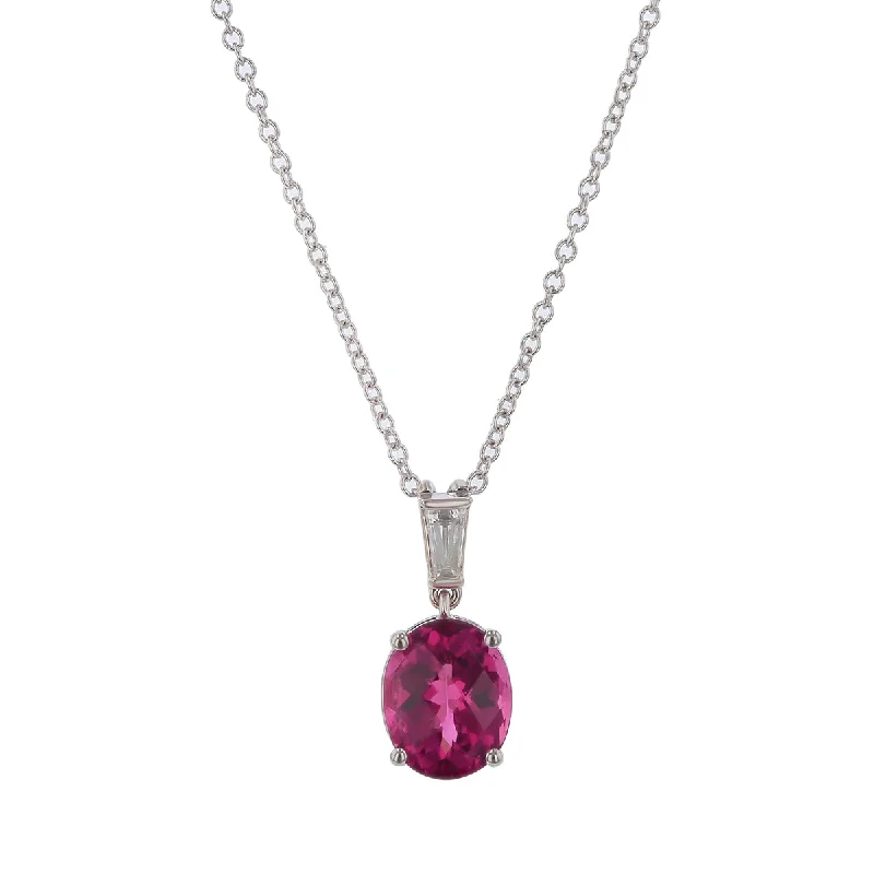 Stylish necklaces for corporate gifts -2.02ct Oval Checkerboard Pink Tourmaline and 0.10ct Tapered Baguette Diamond Pendant Necklace in 14k White Gold  18" Chain