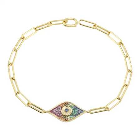 Unique bracelets with engraved initials -14k Yellow Gold Rainbow Evil Eye Paper Clip Link Bracelet