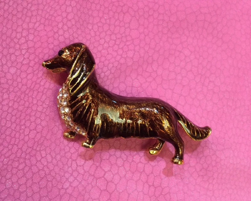 Unique art deco brooches for vintage lovers -Dachschund Sausage Dog brooch in Brown enamel