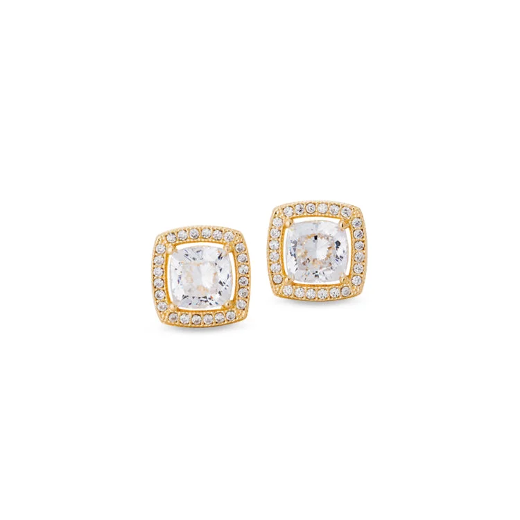 Dainty gold earrings-Gold Finish Sterling Silver Micropave Cushion Cut Earrings with 50 Simulated Diamonds