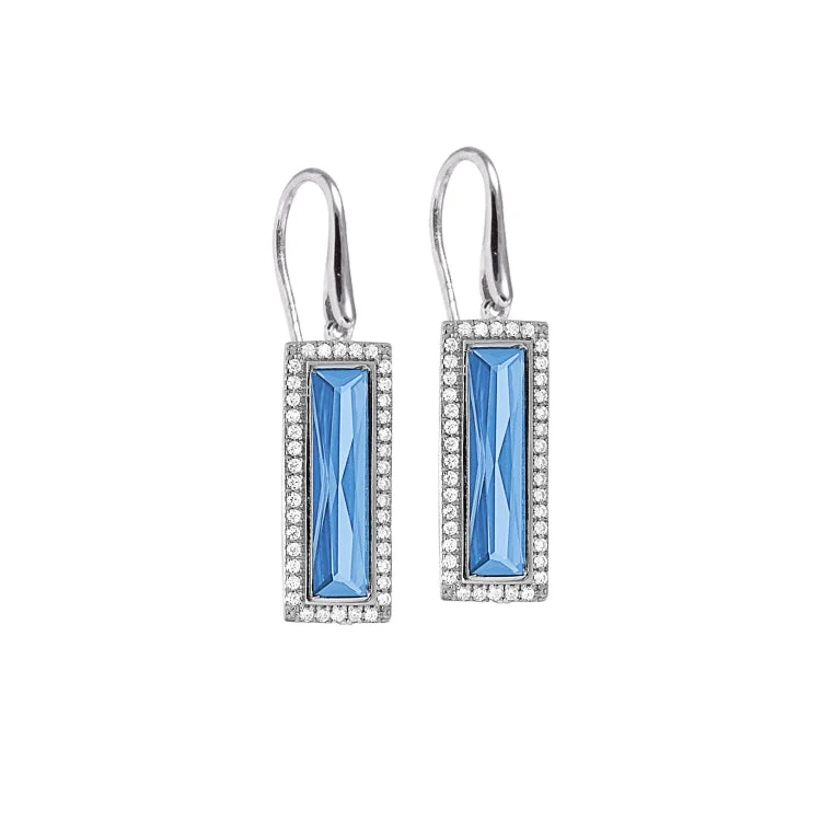 Pearl earrings-Rhodium Finish Sterling Silver Earrings with Rectangular Simulated Blue Topaz Stones and Simulated Diamonds