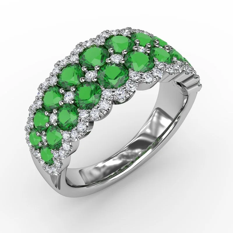 Birthstone rings for mothers -FANA Emerald and Diamond Double Row Ring R1636E