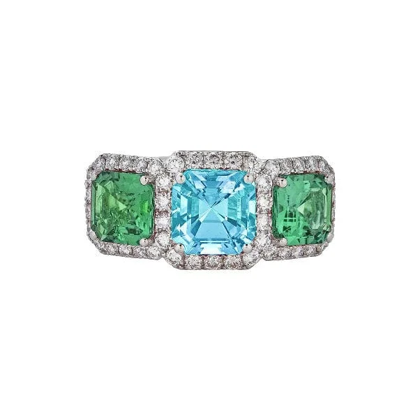 Simple band rings for men -Aquamarine and Green Tourmaline Three-Stone Ring with Diamonds