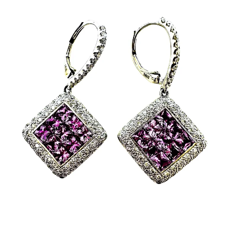 Vintage diamond drop earrings-18K White Gold Pink Sapphire and Diamond Drop Earrings