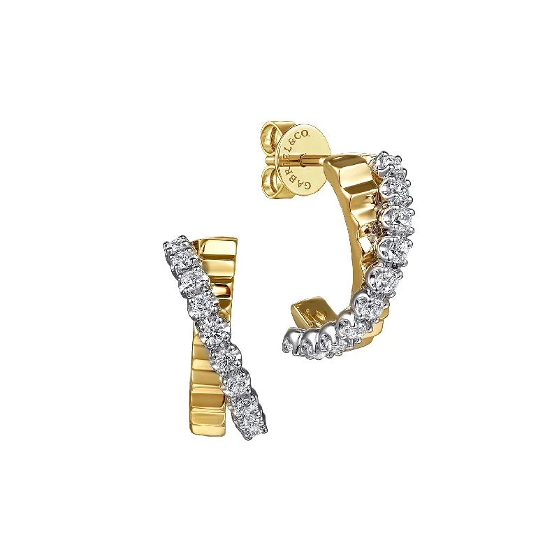 Earrings for women-Two-Tone "J" Hoop Diamond Earrings in Two-Tone Gold by Gabriel & Co.