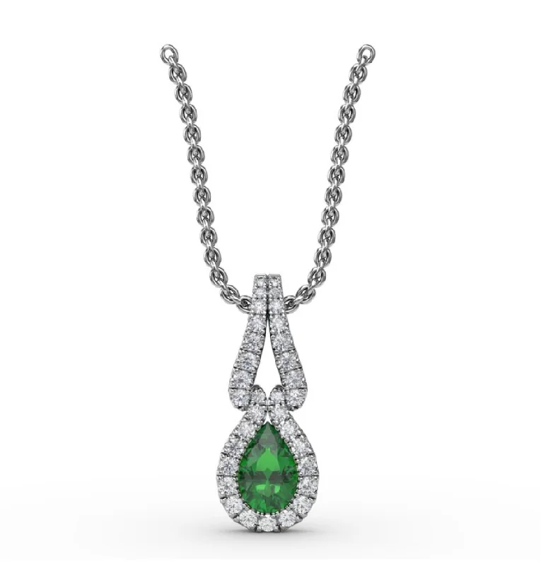 Luxury necklaces with gemstones -Fana Halo Emerald and Diamond Drop Pendant P1674E