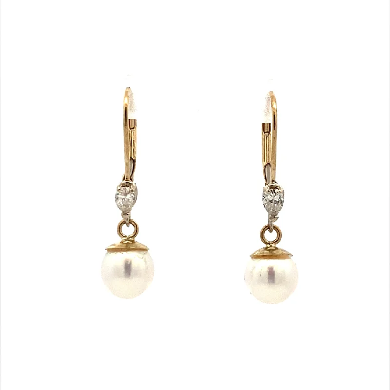 Vintage gold earrings-Pearl Dangle Earrings in Yellow Gold by B&C