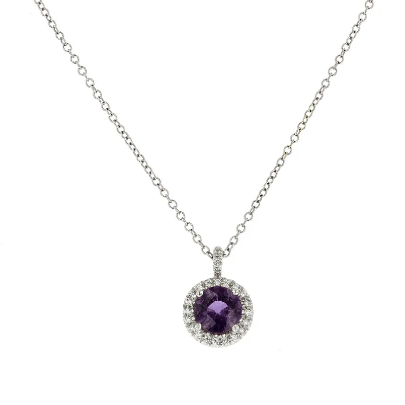 Celebrity-inspired necklaces -Purple Sapphire and Diamond Halo Pendant Necklace