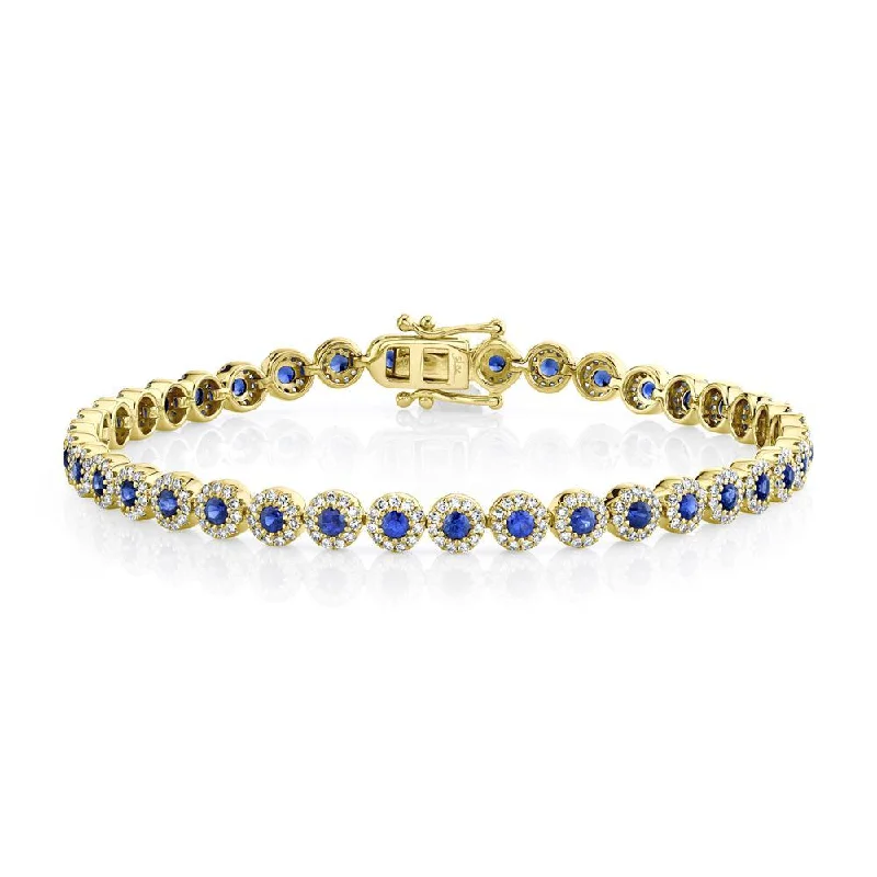 Colorful cord bracelets with adjustable closures -14K Yellow Gold Diamond Halo + Blue Sapphire Bracelet