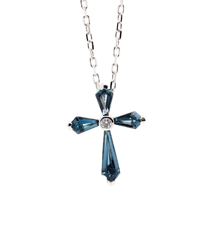 Handcrafted leather necklaces for men -Blue Topaz & Diamond Cross Pendant