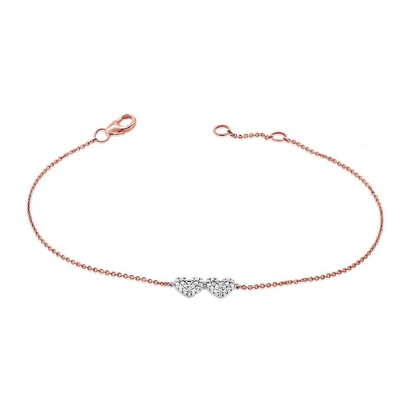 Unique woven bracelets for bohemian style -14K White & Rose Gold Diamond Double Heart Bracelet