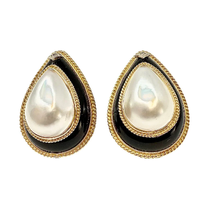 Men’s dangle earrings-14K Gold Teardrop Shaped Earrings with Onyx, Mabe Pearl and Diamond