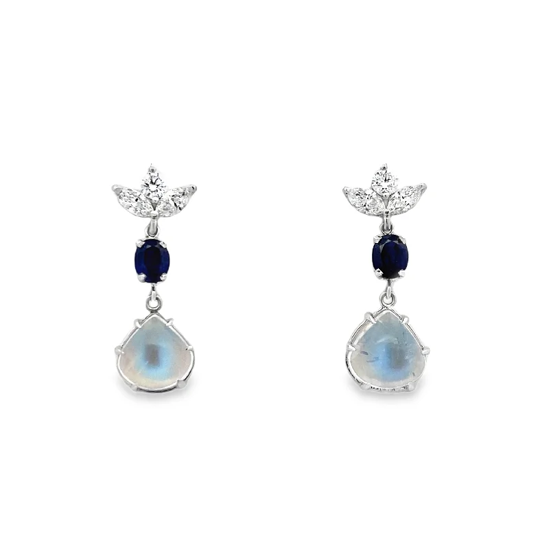 Silver earrings with gold accents-Moonstone, Sapphire and Diamond Drop Earrings in White Gold by B&C