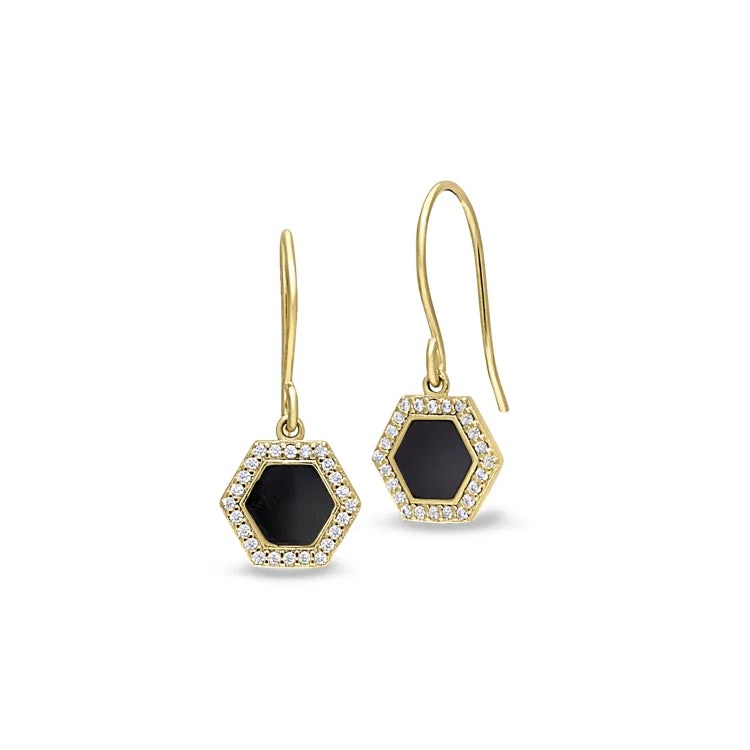 Small drop earrings for women-Gold Finish Sterling Silver Micropave Black Enamel Hexagon Earrings with Simulated Diamonds