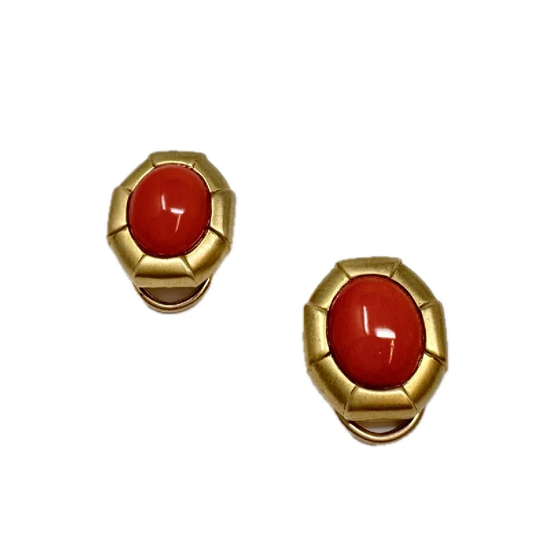 Gemstone earrings for men-Ronald Stone 18K Gold Oval Earclips with Coral