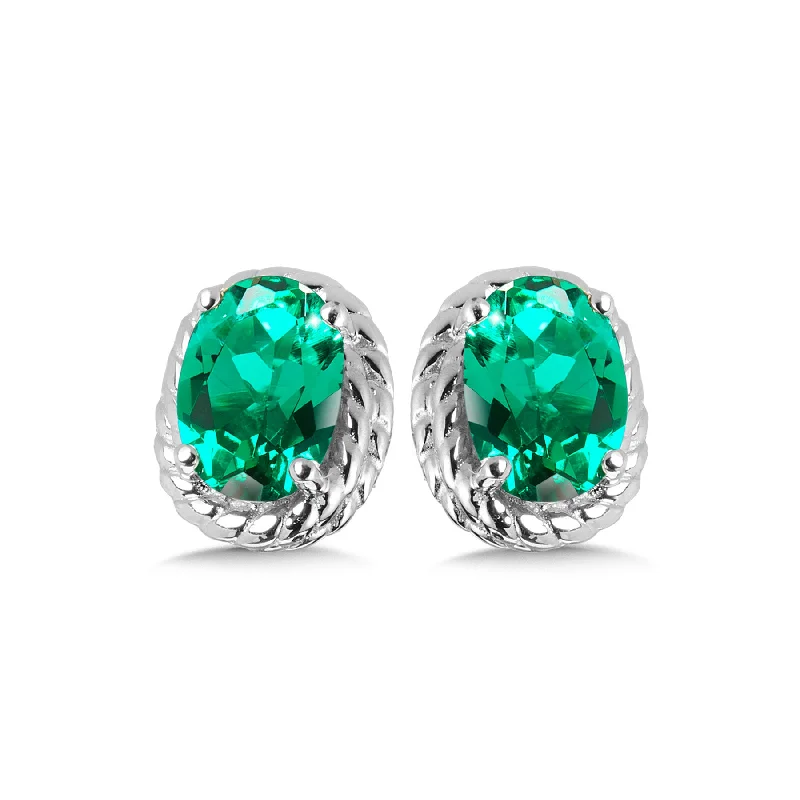 Wedding earrings for bride-Created Emerald Stud Earrings in Silver