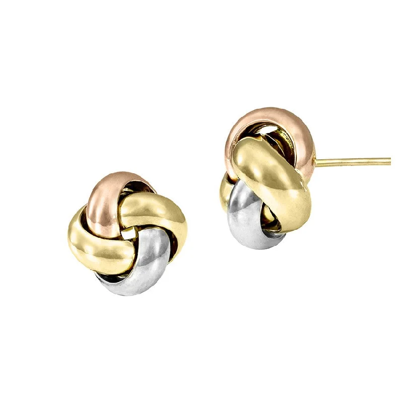 Gemstone stud earrings-Love Knot Earrings in Three-Tone Gold