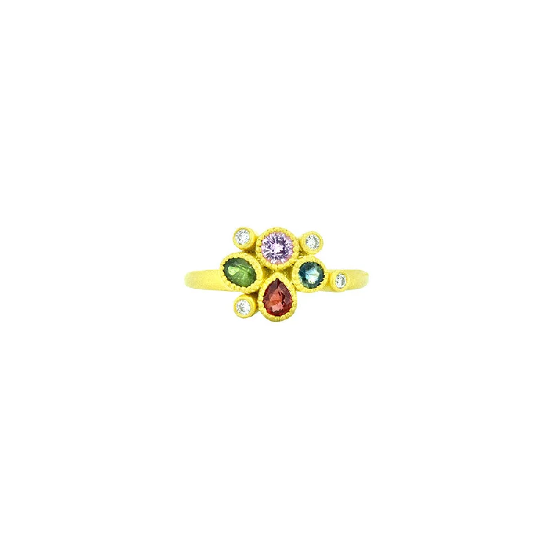 Personalized engraved rings for couples -18 Karat Yellow Matte Gold Cluster Ring with 4 Various Shaped Multi Colored Sapphires