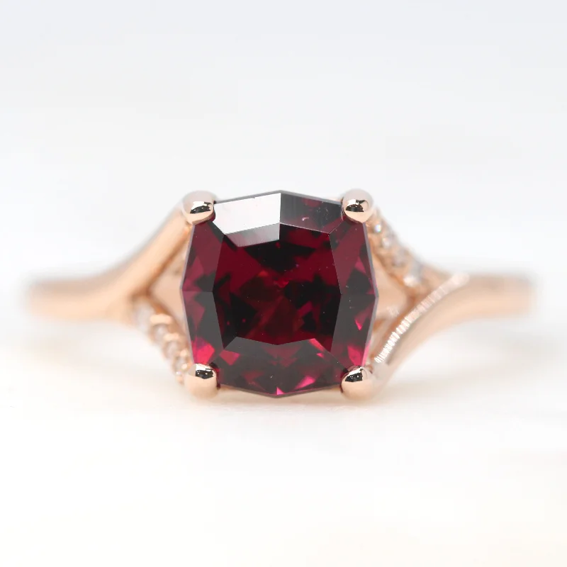 Wedding rings with intricate engravings -Kennedy Ring with a 2.23 Carat Geometric Fancy Cushion Cut Rhodolite Garnet and White Accent Diamonds in 14k Rose Gold - Ready to Size and Ship