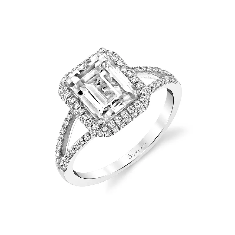 Stylish rings with diamonds and emeralds -Emerald Cut Ring Mounting by Sylvie, 14K White Gold