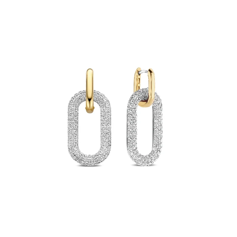 Statement earrings-CZ Double Link Earrings in Two-Tone Gold by Ti Sento Milano