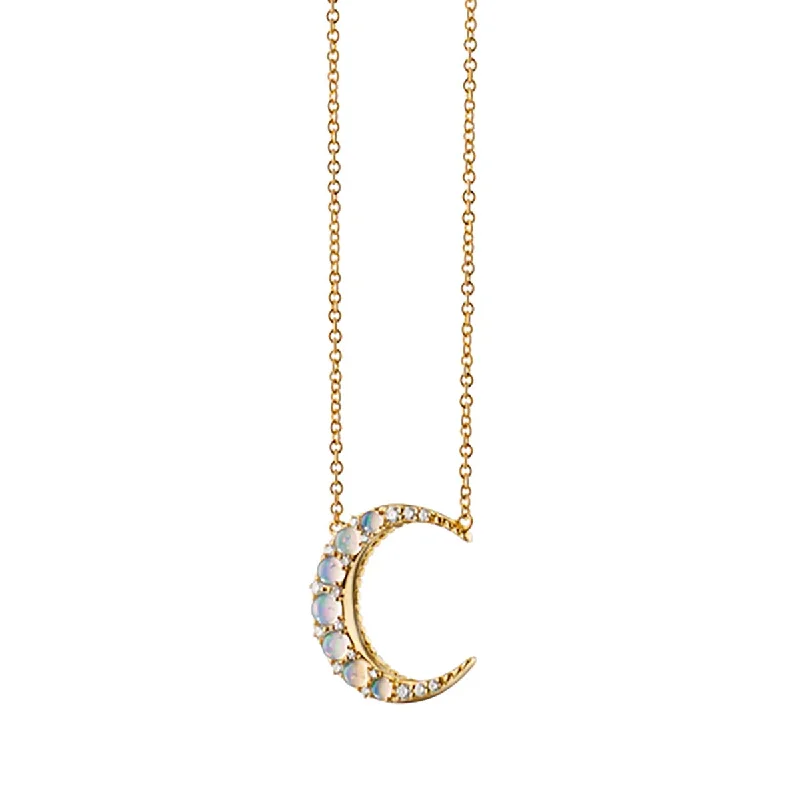 Boho necklaces for free-spirited individuals -Water Opal Midi Crescent Moon Necklace with Diamonds