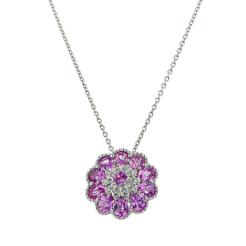 Boho necklaces for free-spirited individuals -Salavetti Pink Sapphire and Diamond Flower Pendant Necklace