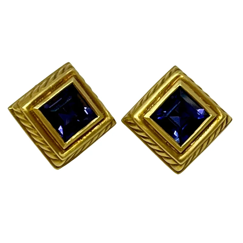 Luxury earrings-Fredericka 18K Gold Square Set Faceted Iolite Earrings