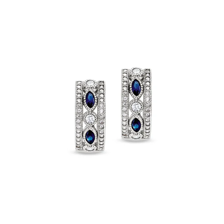 Affordable gold earrings-Platinum Finish Sterling Silver Micropave Vintage Huggie Earrings with Synthetic Blue Sapphire & 70 Simulated Diamonds