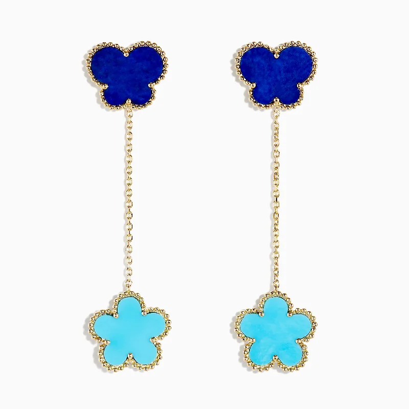 Handmade earrings-Novelty 14K Gold Turquoise & Lapis Floral Butterfly Earrings