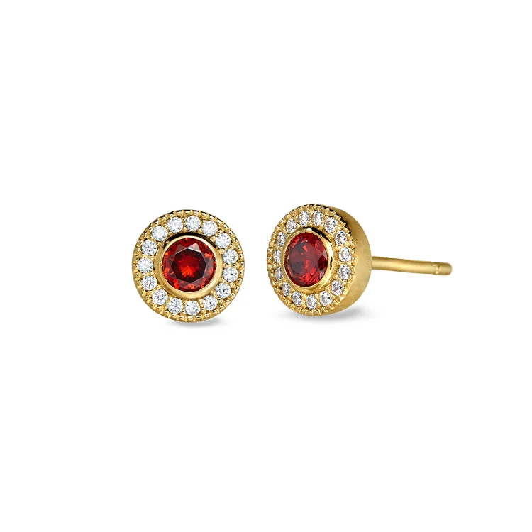 Trendy earrings for women-Gold Finish Sterling Silver Micropave Round Simulated Garnet Earrings with Simulated Diamonds