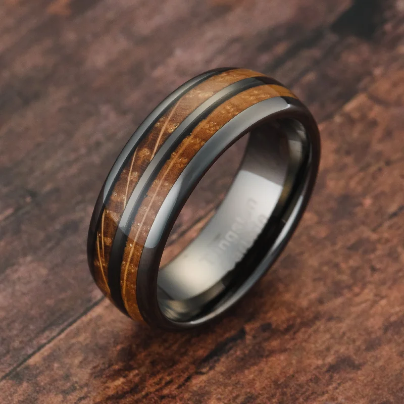 Trendy rings for fashion-conscious individuals -Gunmetal Gray Tungsten Rings For Men whiskey barrel Wood grain Inlay wooden Wedding Promise Engagement Band Size 6-16