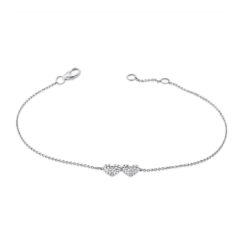 Classic silver bracelets with lobster clasps -14K White Gold Diamond Double Heart Bracelet